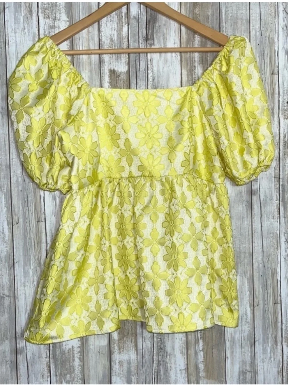 Entro Yellow Floral Puff Sleeve Babydoll Blouse Square Neck Top Size S - Picture 3 of 6